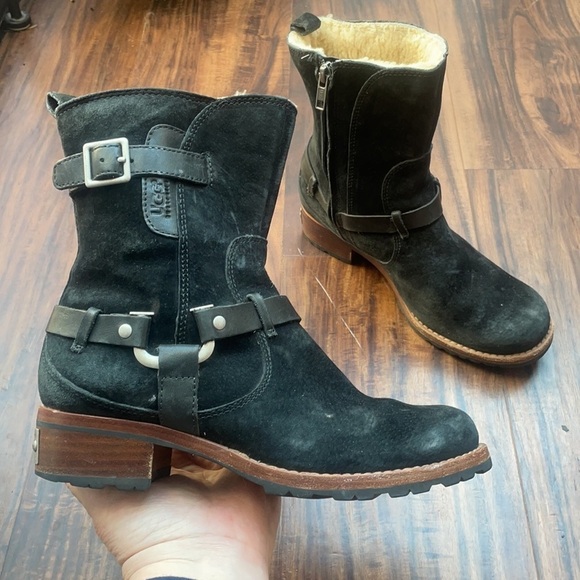 UGG Australia 5604 Black ENDELL Harness Biker Suede Shearling Boots Size 6.5 - Picture 3 of 17